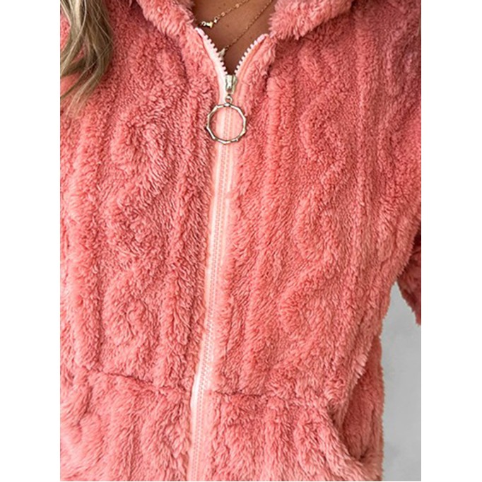 casual solid color plush hooded jacket