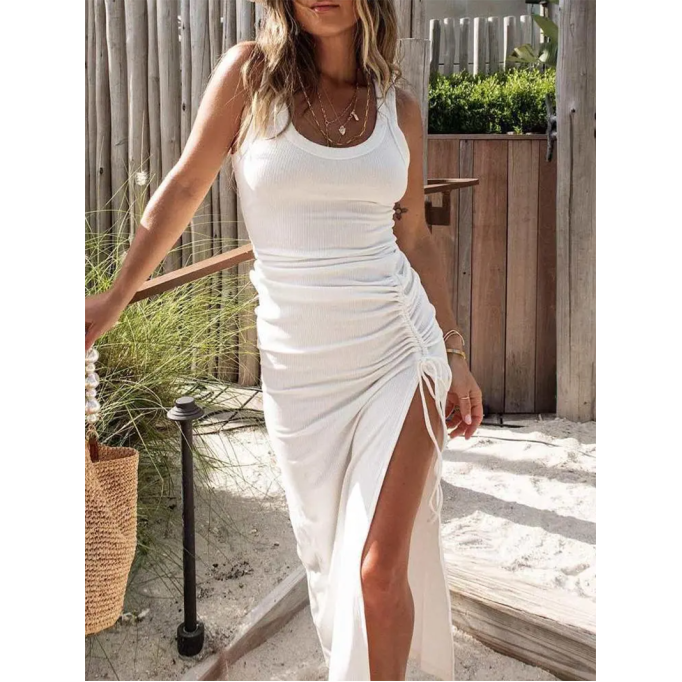Casual solid color sleeveless drawstring dress