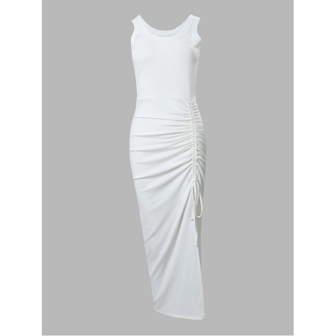 Casual solid color sleeveless drawstring dress