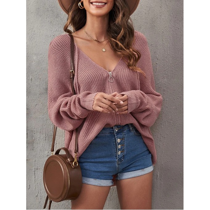 Casual solid color V-neck zipper sweater
