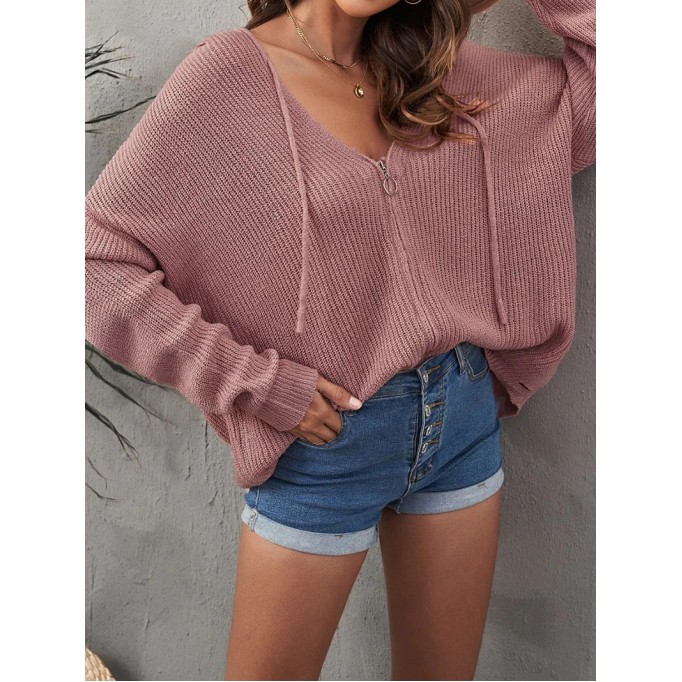 Casual solid color V-neck zipper sweater
