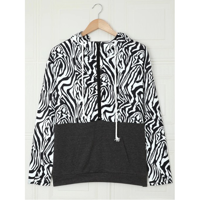 Casual zebra print patchwork zipper sweatshirt