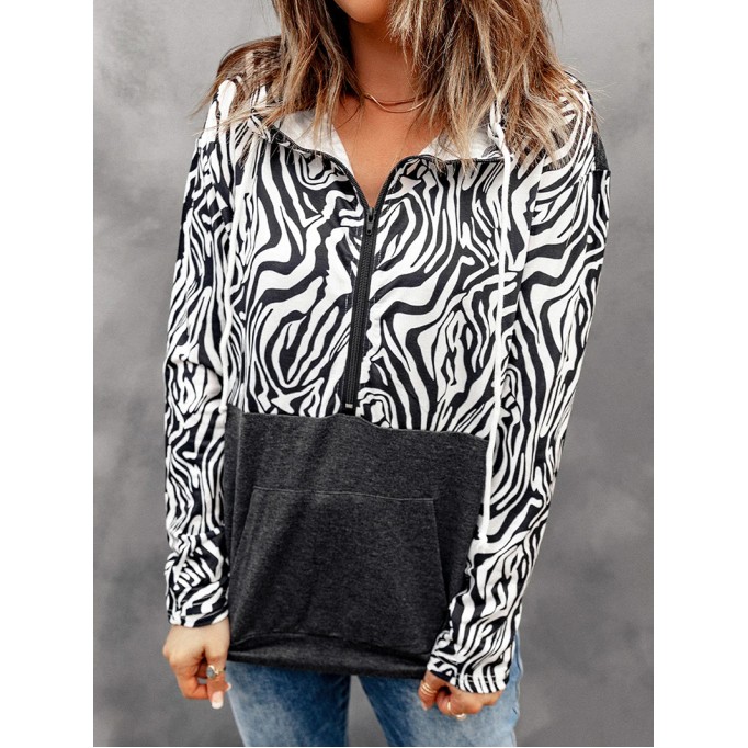Casual zebra print patchwork zipper sweatshirt