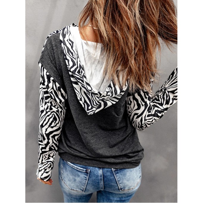 Casual zebra print patchwork zipper sweatshirt