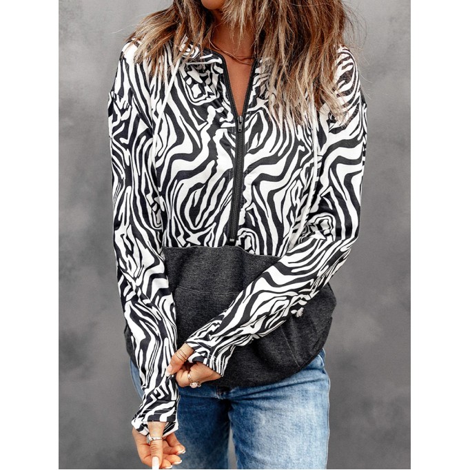 Casual zebra print patchwork zipper sweatshirt