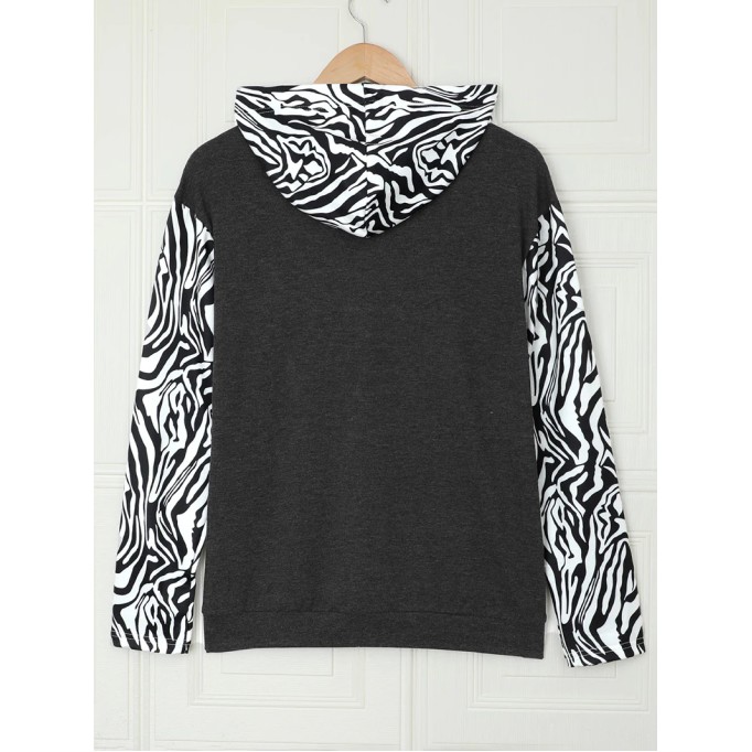 Casual zebra print patchwork zipper sweatshirt
