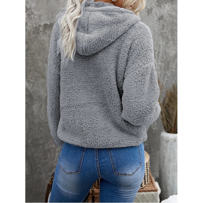 Casual zipper sherpa solid color hoodie