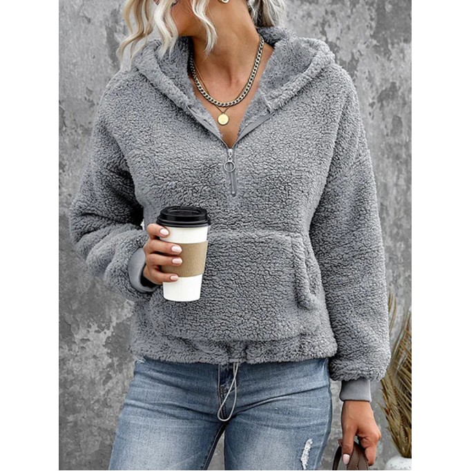 Casual zipper sherpa solid color hoodie
