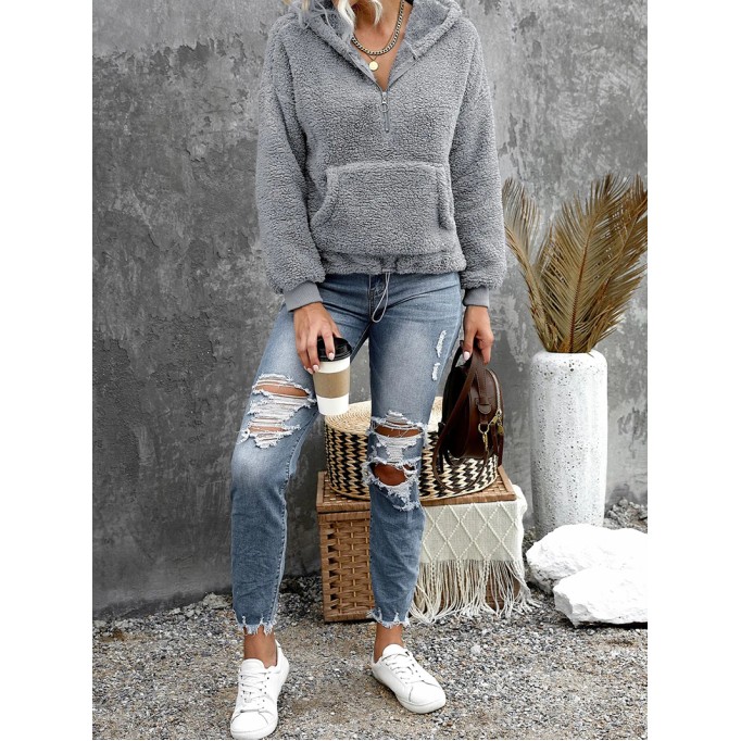 Casual zipper sherpa solid color hoodie