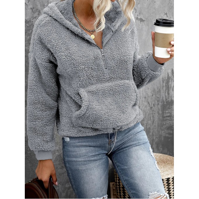 Casual zipper sherpa solid color hoodie