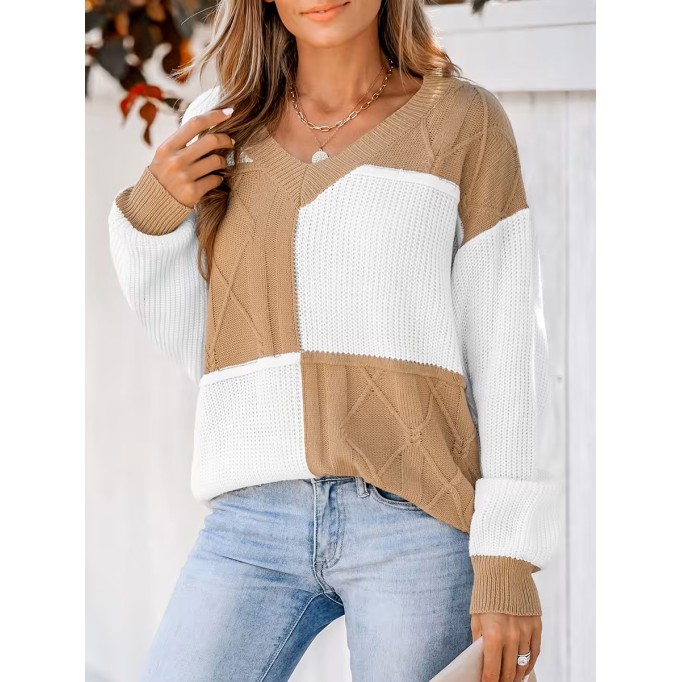 Check color block cable knit sweater