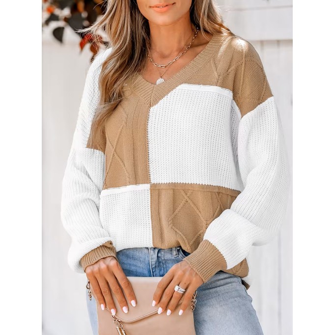 Check color block cable knit sweater