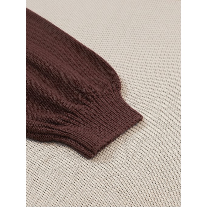 Coffee Colorblock Bishop Sleeve Ribbed Trim Sweater