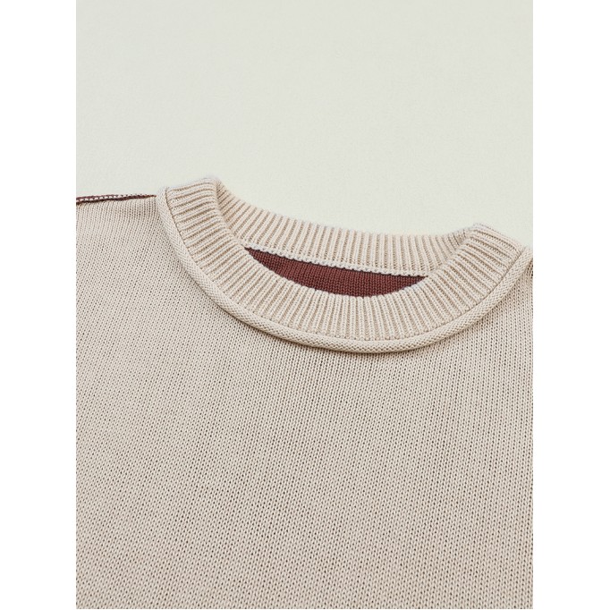 Coffee Colorblock Bishop Sleeve Ribbed Trim Sweater