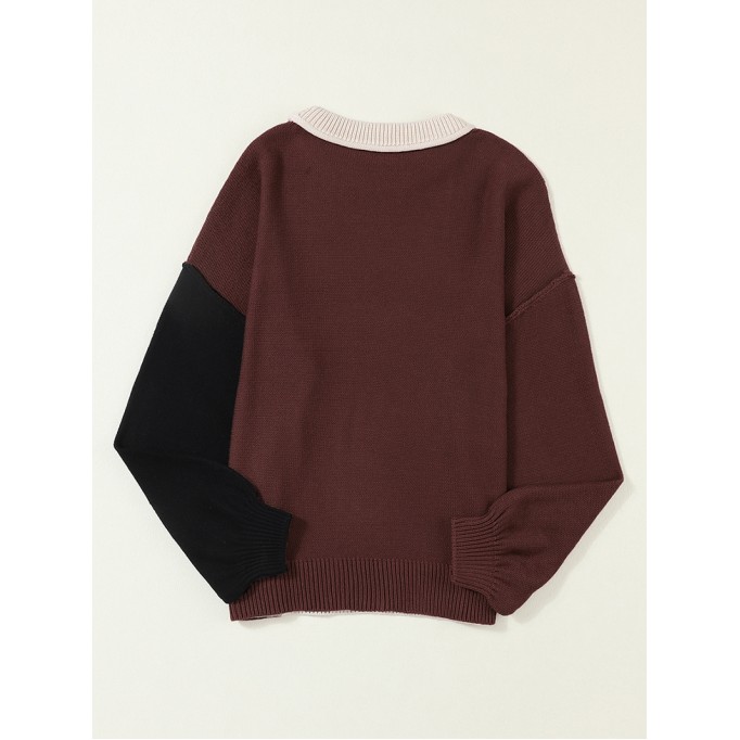 Coffee Colorblock Bishop Sleeve Ribbed Trim Sweater
