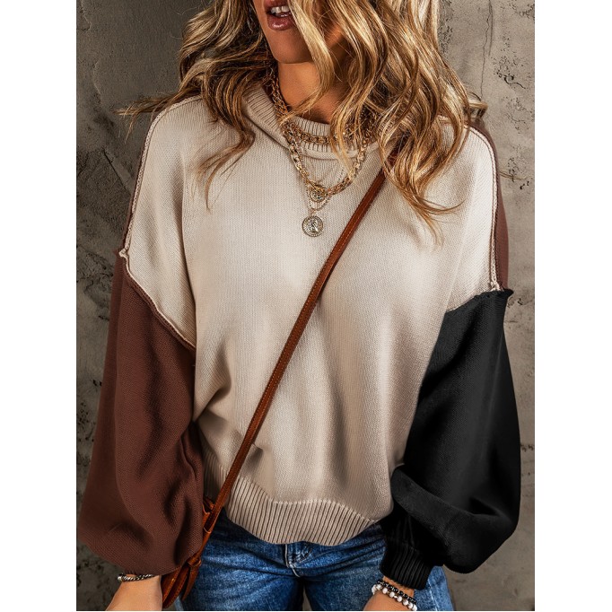 Coffee Colorblock Bishop Sleeve Ribbed Trim Sweater