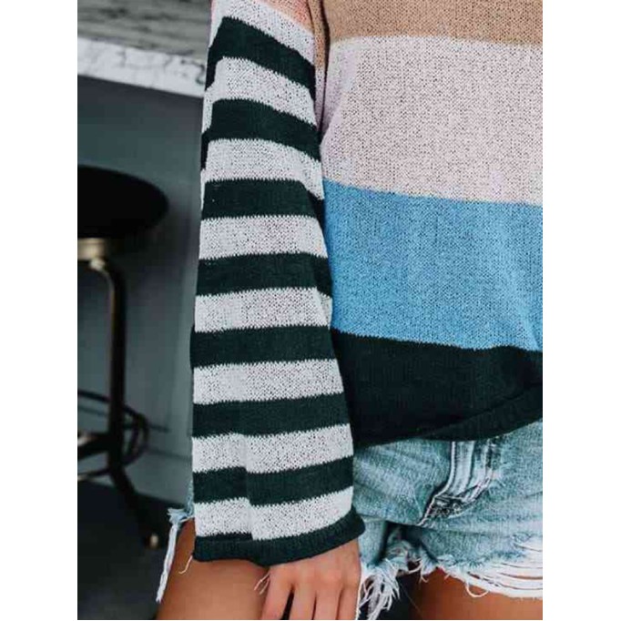 Color Block Boat Neck Dropped Shoulder Sweater