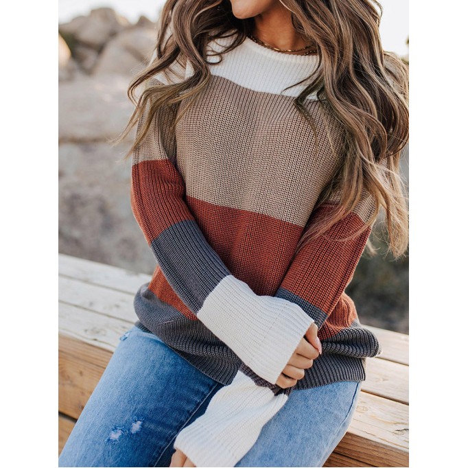 Color Block Knitted O-neck Pullover Sweater