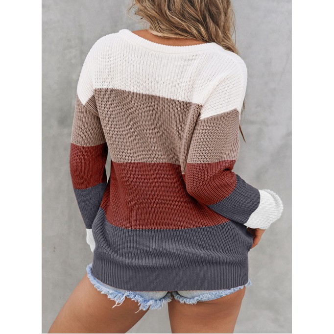 Color Block Knitted O-neck Pullover Sweater