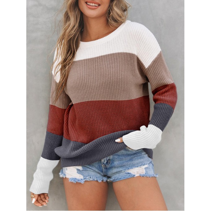 Color Block Knitted O-neck Pullover Sweater