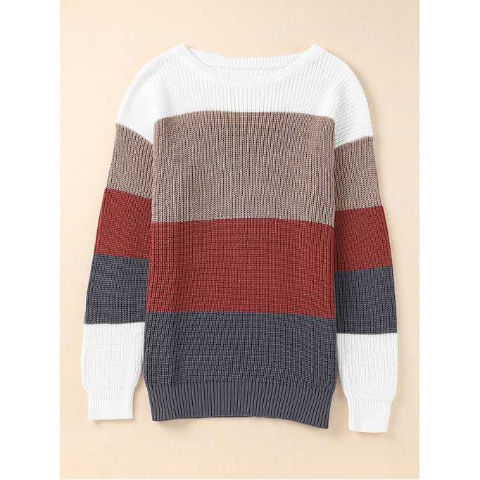 Color Block Knitted O-neck Pullover Sweater