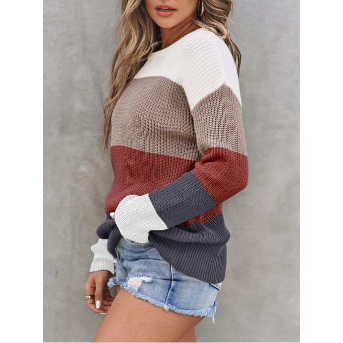 Color Block Knitted O-neck Pullover Sweater