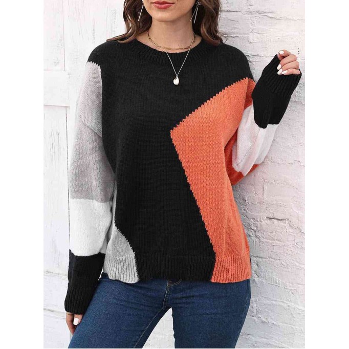 Color Block Round Neck Sweater
