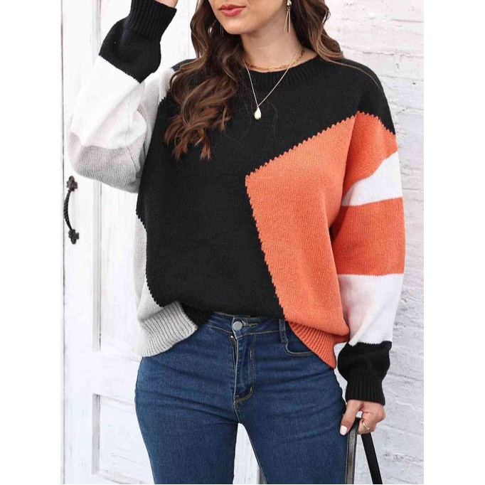 Color Block Round Neck Sweater