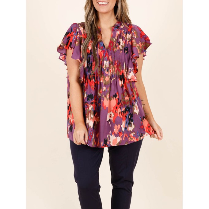 Contrast pattern ruffled short sleeved shirt