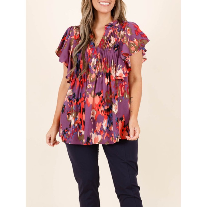 Contrast pattern ruffled short sleeved shirt
