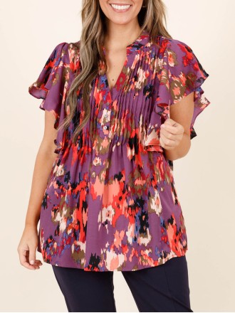 Contrast pattern ruffled short sleeved shirt