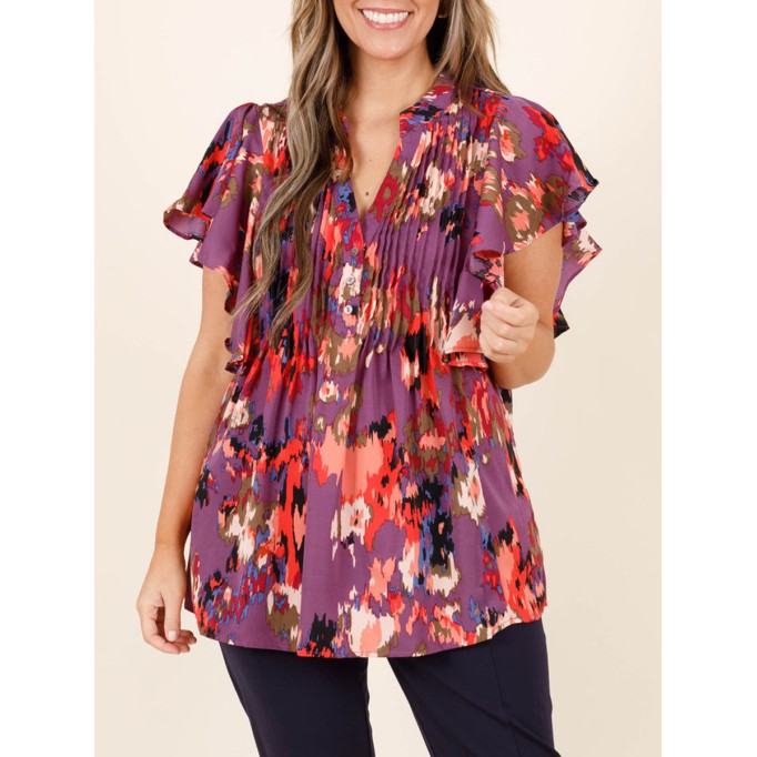 Contrast pattern ruffled short sleeved shirt