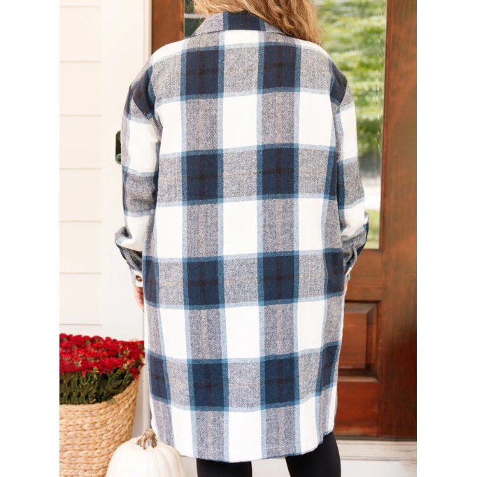 Contrast plaid button mid length jacket