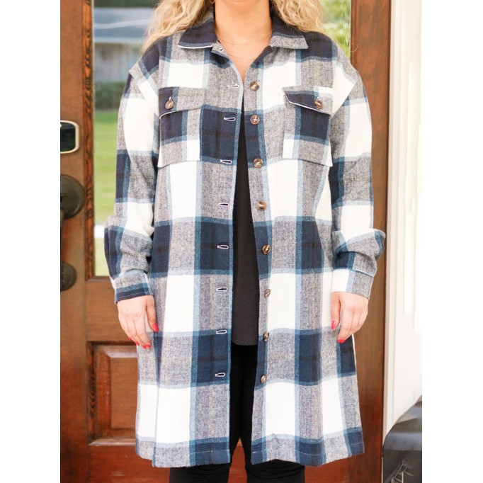 Contrast plaid button mid length jacket