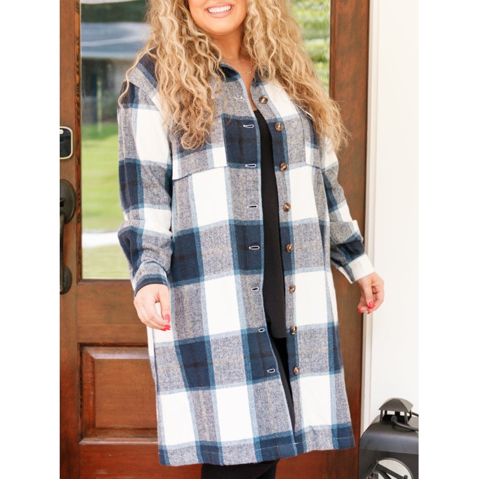 Contrast plaid button mid length jacket