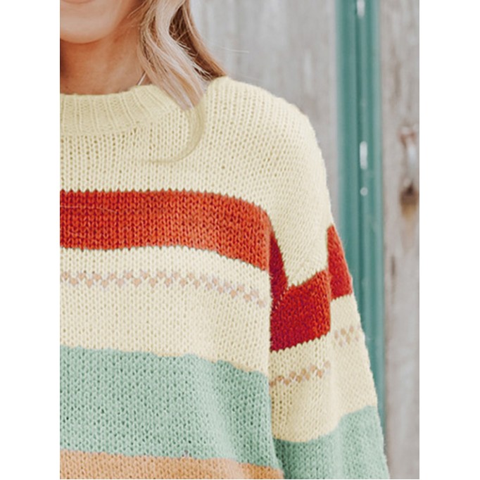 Crew Neck Drop-shoulder Striped Color Block Sweater