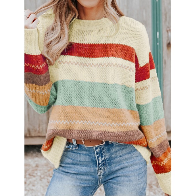 Crew Neck Drop-shoulder Striped Color Block Sweater