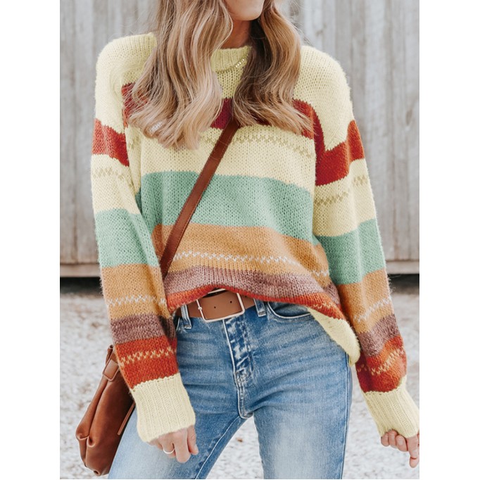 Crew Neck Drop-shoulder Striped Color Block Sweater