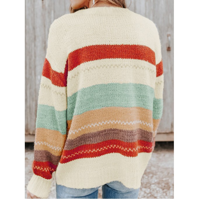 Crew Neck Drop-shoulder Striped Color Block Sweater