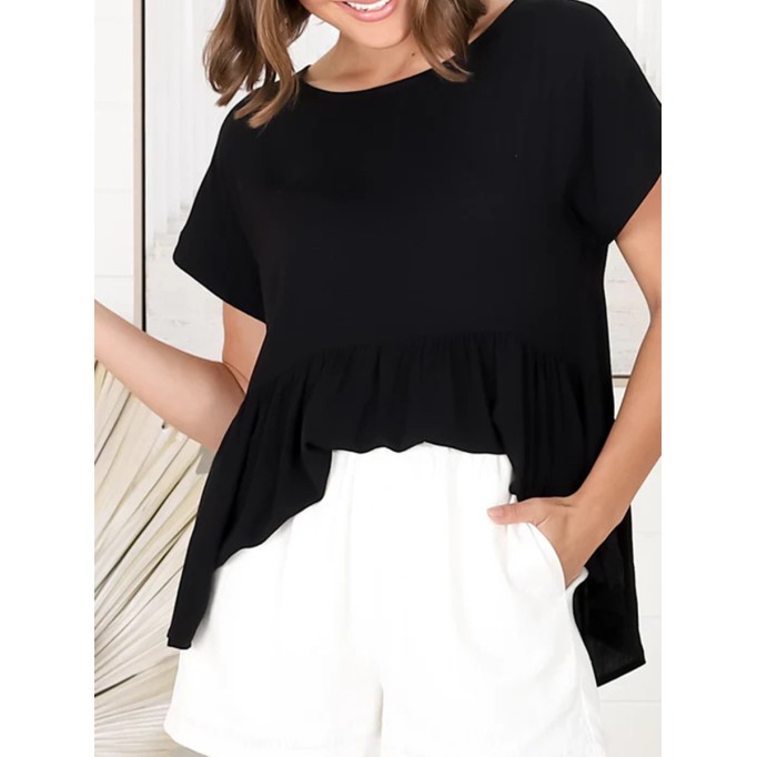 Crew neck short sleeve Bohemian cotton blouse
