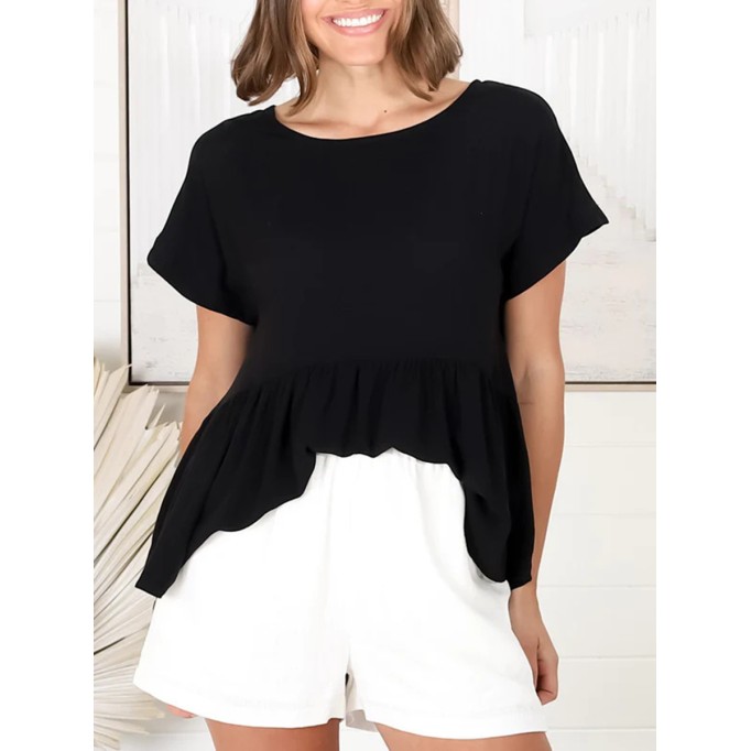 Crew neck short sleeve Bohemian cotton blouse