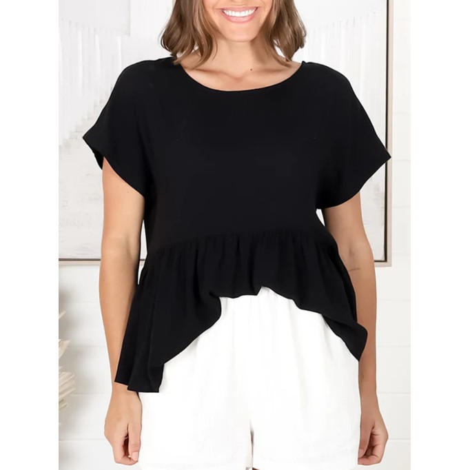 Crew neck short sleeve Bohemian cotton blouse