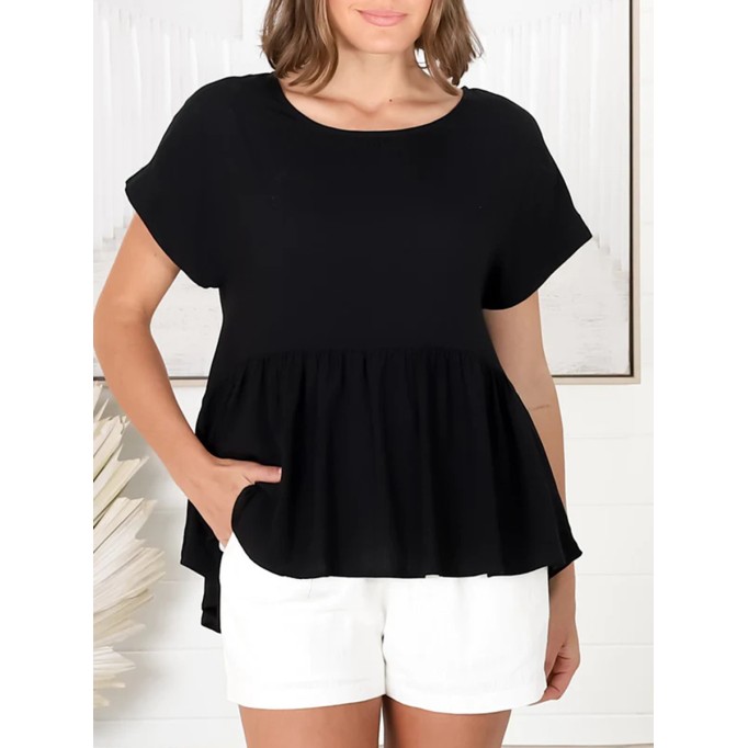 Crew neck short sleeve Bohemian cotton blouse