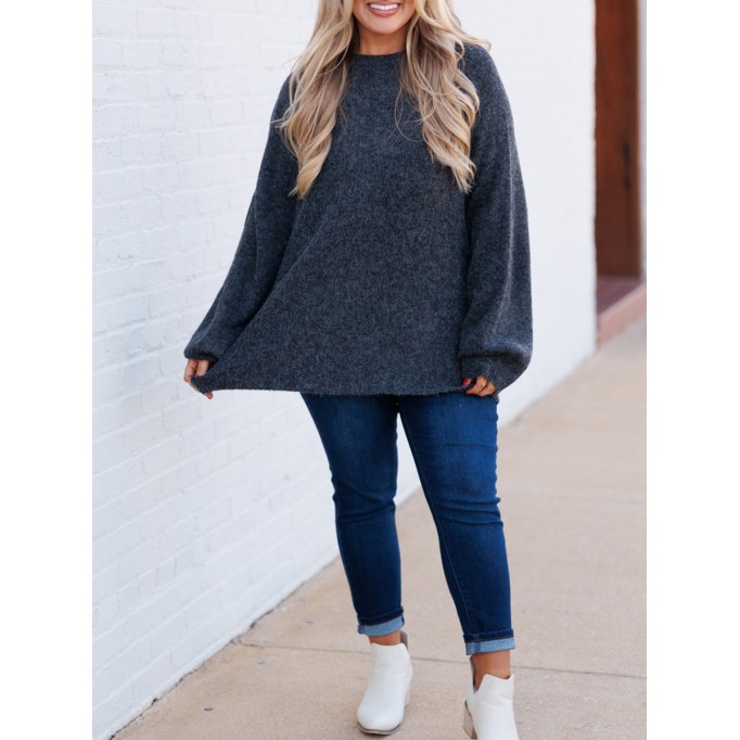 Dark gray lantern sleeved loose knit sweater