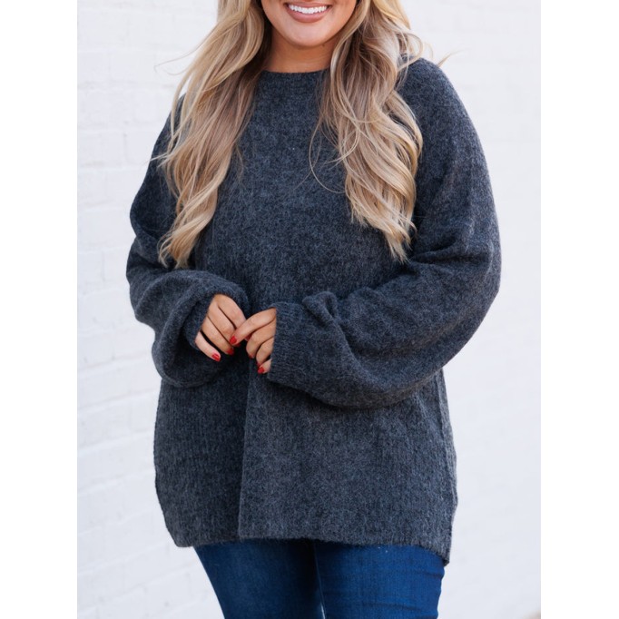 Dark gray lantern sleeved loose knit sweater