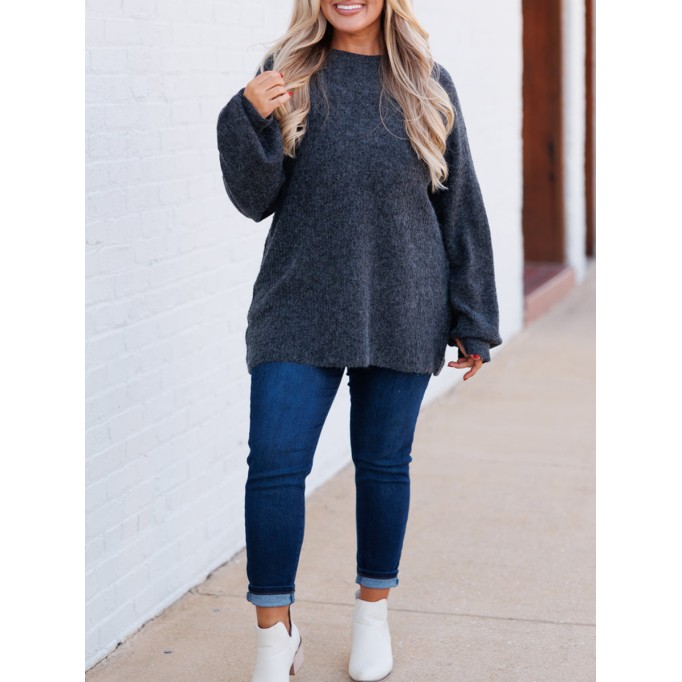 Dark gray lantern sleeved loose knit sweater