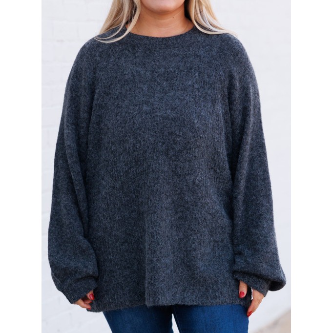 Dark gray lantern sleeved loose knit sweater