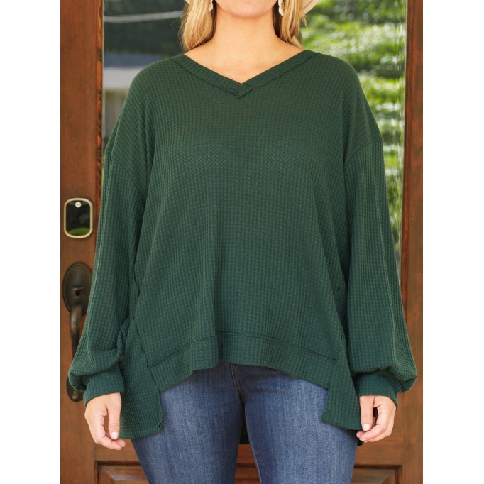 Dark green front short back long lantern sleeve T-shirt