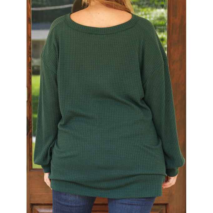 Dark green front short back long lantern sleeve T-shirt