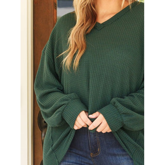 Dark green front short back long lantern sleeve T-shirt